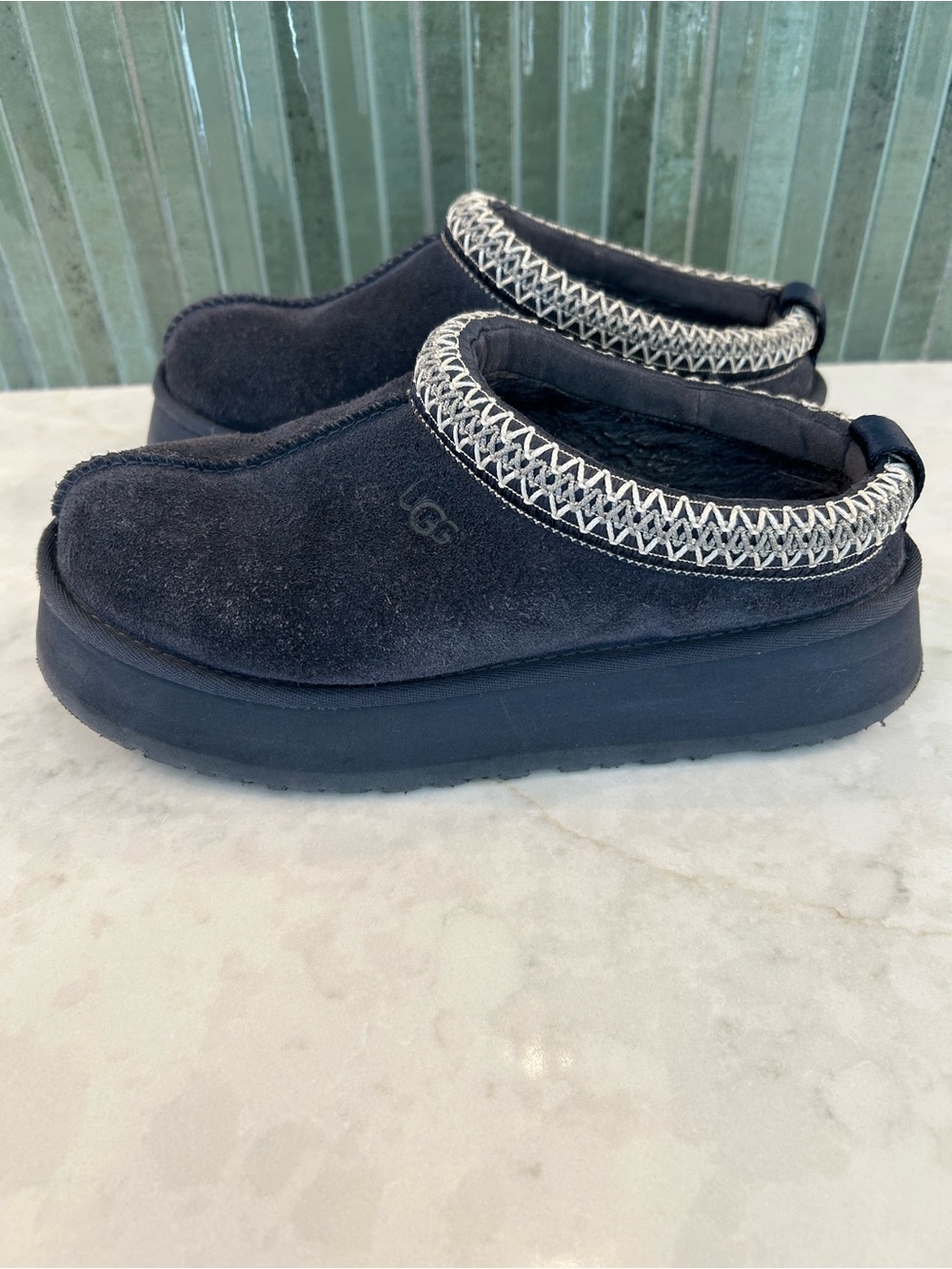 UGG Blue Suede platform slippers with White Contrast Stitching 8